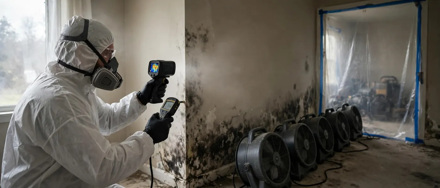 Specialist verifying a wall with a thermal camera