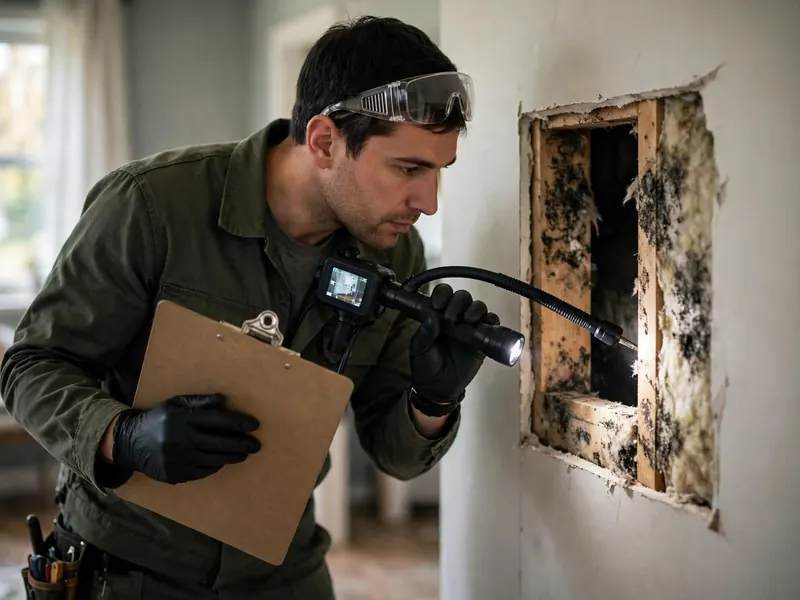 Mold inspection specialist checking a wall cavity with a flashlight