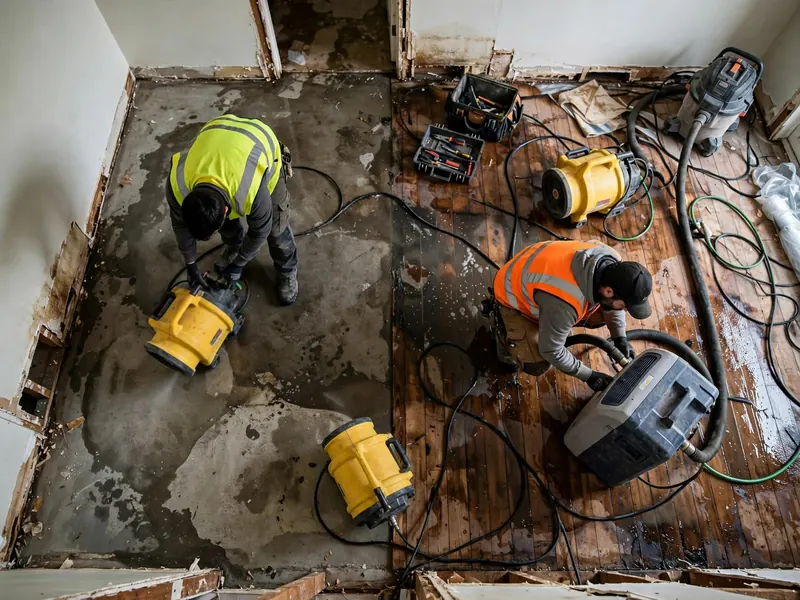 Crew drying a floor with air movers after water damage