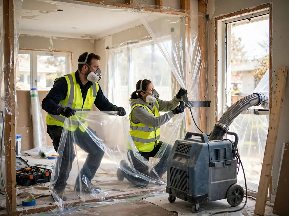 Remediation crew setting up containment in a home